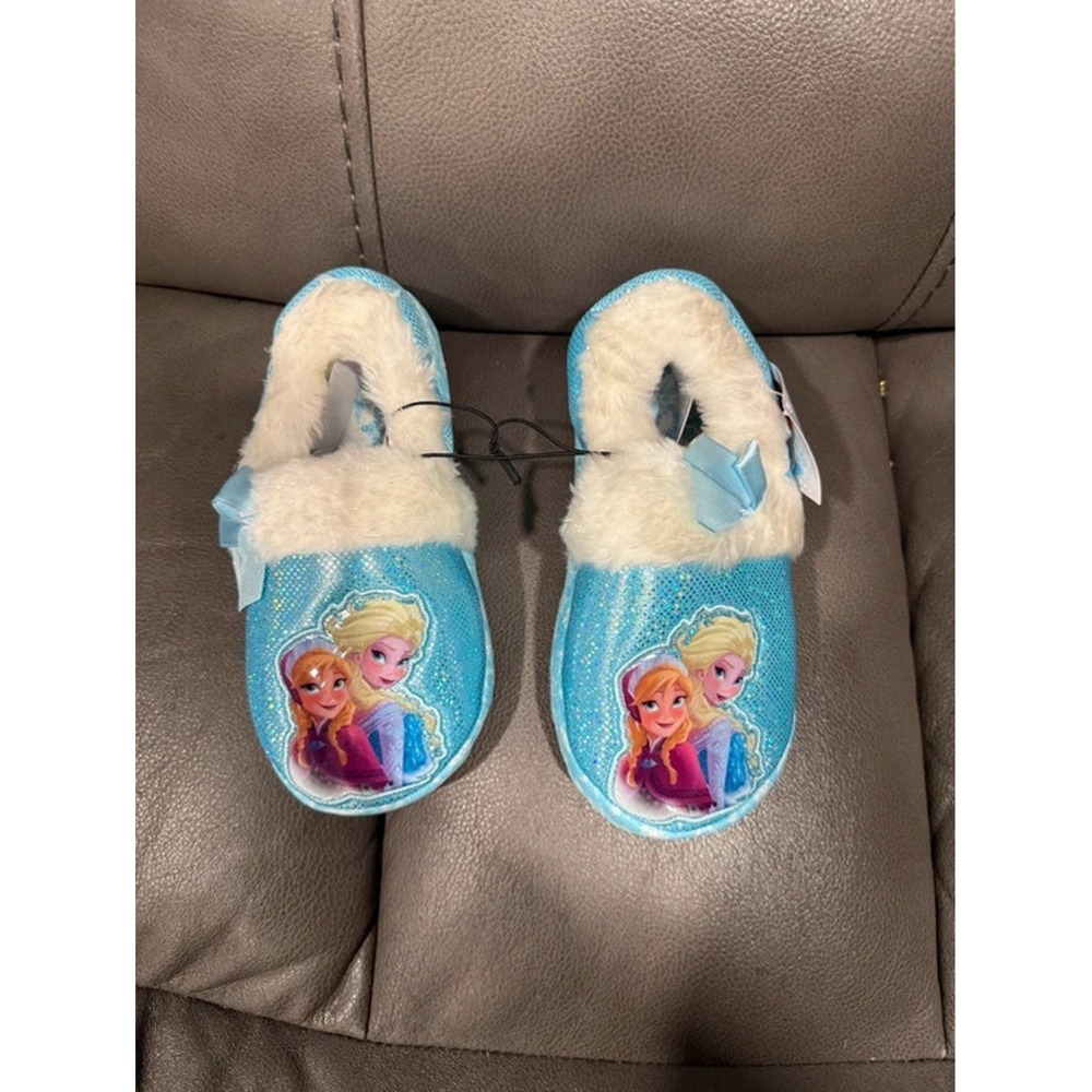 Disney Frozen Elsa Anna Blue Glitter Faux Fur Slippers Girls Size 13/1 XXL NWT